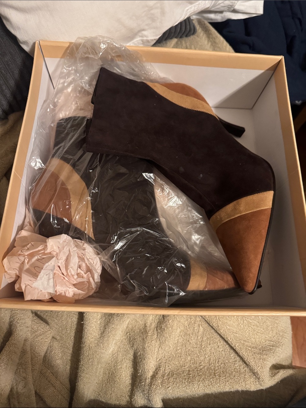 ANTONIO MELANI Brown Two-Tone Suede Pointed Toe Ankle Boots